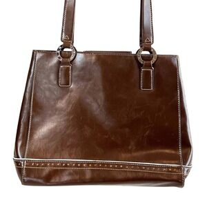 Tommy Hilfiger Women's Leather Shoulder Bag‎ Tote Brown Wingtip Trim